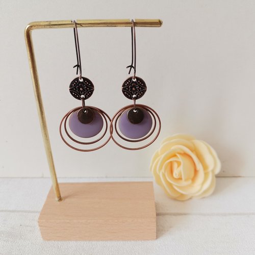 Kit boucles d'oreilles anneaux cuivre rouge et sequin émail lilas