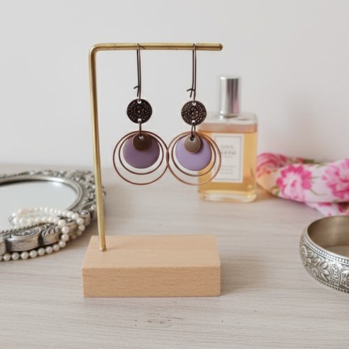Kit boucles d'oreilles anneaux cuivre rouge et sequin émail lilas