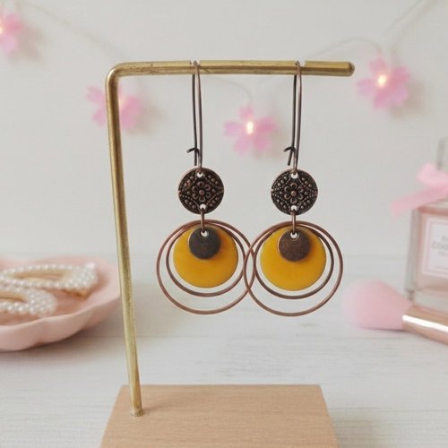 Kit boucles d'oreilles anneaux cuivre rouge et sequin émail orange