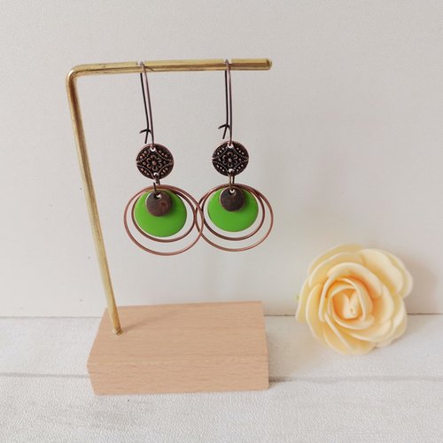 Kit boucles d'oreilles anneaux cuivre rouge et sequin émail vert