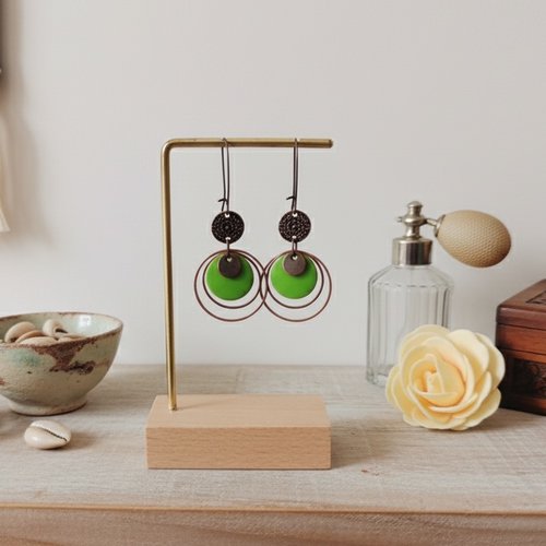 Kit boucles d'oreilles anneaux cuivre rouge et sequin émail vert
