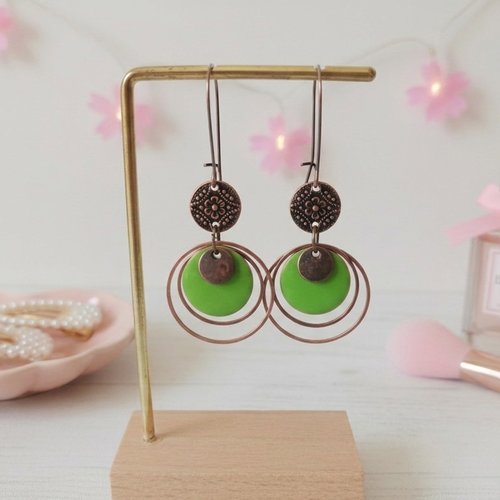 Kit boucles d'oreilles anneaux cuivre rouge et sequin émail vert