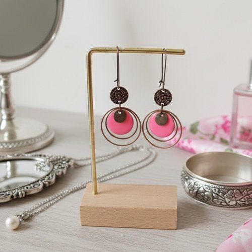 Kit boucles d'oreilles anneaux cuivre rouge et sequin émail rose