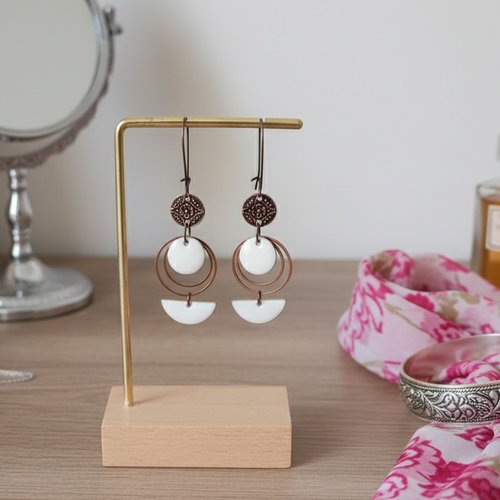 Kit boucles d'oreilles anneaux cuivre rouge et sequins émail blancs