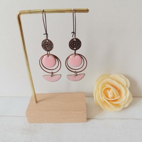Kit boucles d'oreilles anneaux cuivre rouge et sequins émail roses