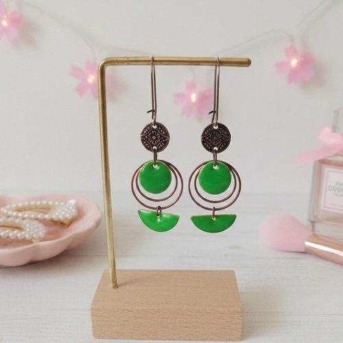 Kit boucles d'oreilles anneaux cuivre rouge et sequins émail verts