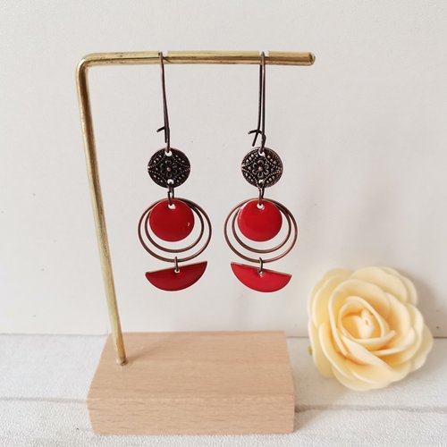 Kit boucles d'oreilles anneaux cuivre rouge et sequins émail rouges