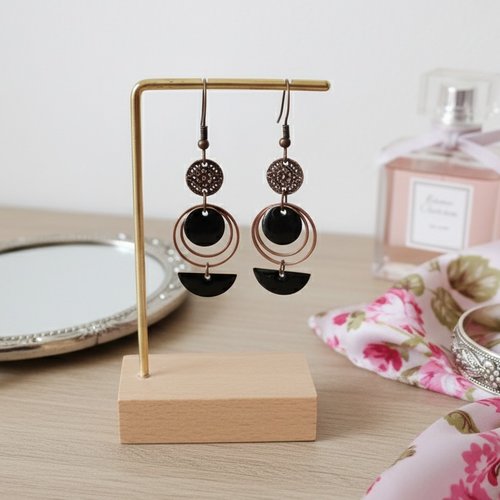 Kit boucles d'oreilles anneaux cuivre rouge et sequins émail noirs