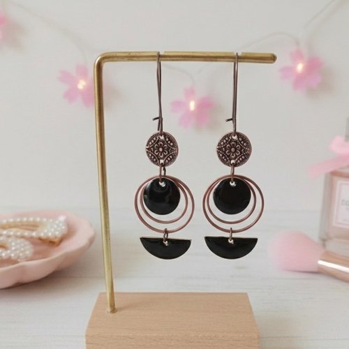 Kit boucles d'oreilles anneaux cuivre rouge et sequins émail noirs