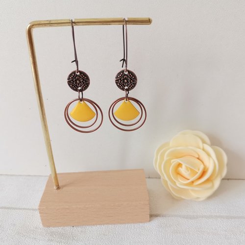 Kit boucles d'oreilles anneaux cuivre rouge et sequin émail triangle