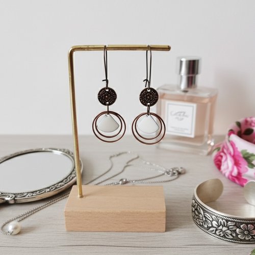 Kit boucles d'oreilles anneaux cuivre rouge et sequin émail triangle