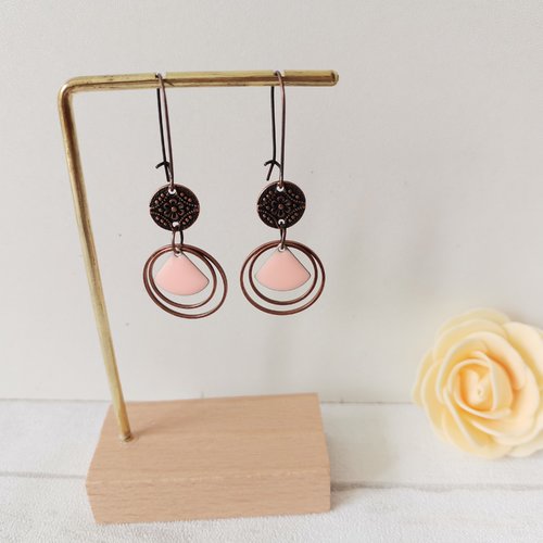 Kit boucles d'oreilles anneaux cuivre rouge et sequin émail triangle