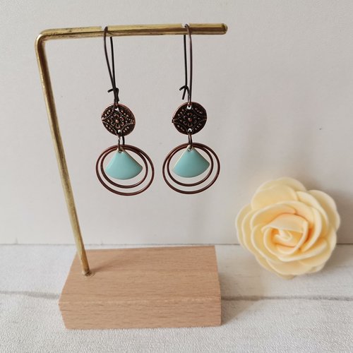 Kit boucles d'oreilles anneaux cuivre rouge et sequin émail triangle