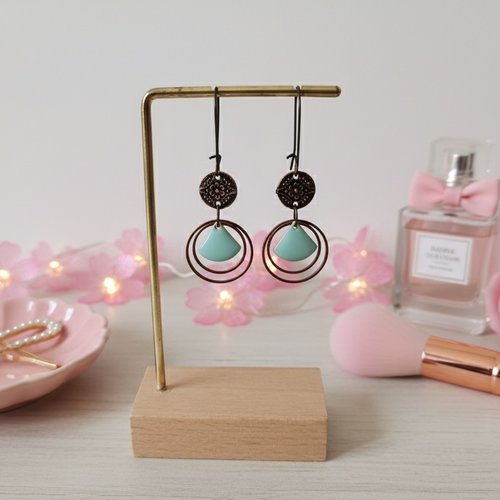 Kit boucles d'oreilles anneaux cuivre rouge et sequin émail triangle