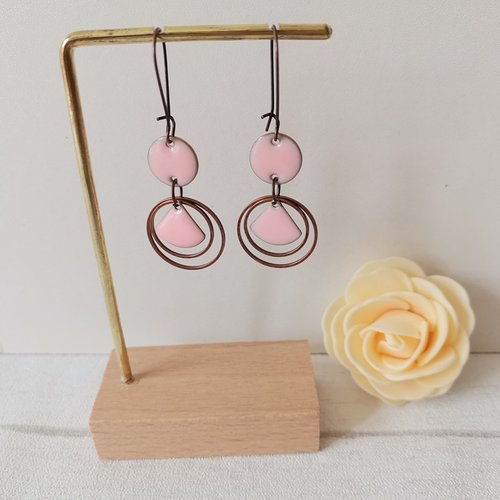 Kit boucles d'oreilles anneaux cuivre rouge et sequin émail triangle