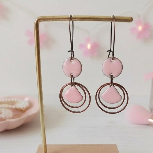 Kit boucles d'oreilles anneaux cuivre rouge et sequin émail triangle