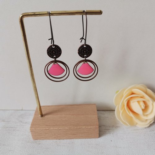 Kit boucles d'oreilles anneaux cuivre rouge et sequin émail triangle