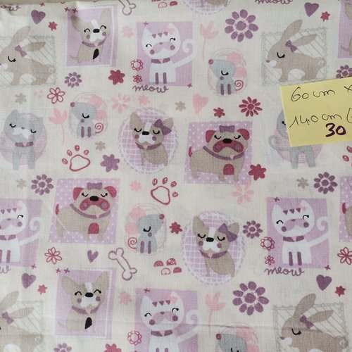 Tissu coton motifs chiens, chats 100 x 155 cm