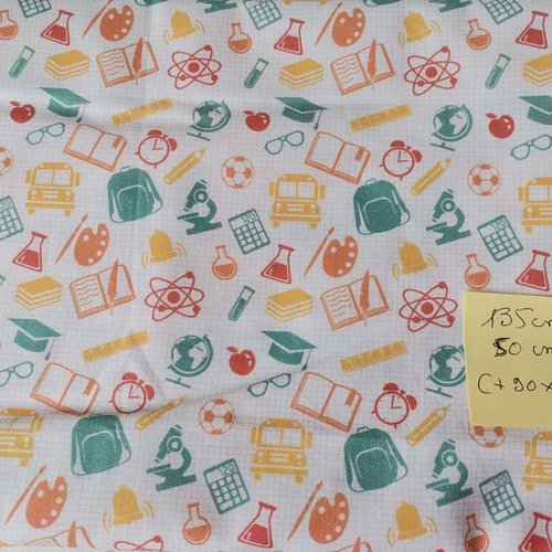 Tissu coton motifs fournitures scolaires 50 x 135 cm