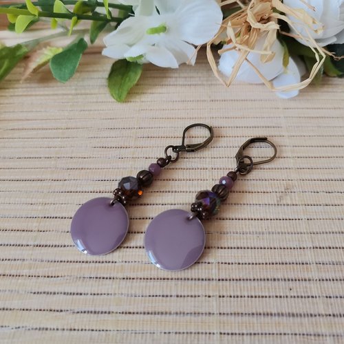 Kit de boucles d'oreilles apprêts cuivre et sequin émail rond mauve