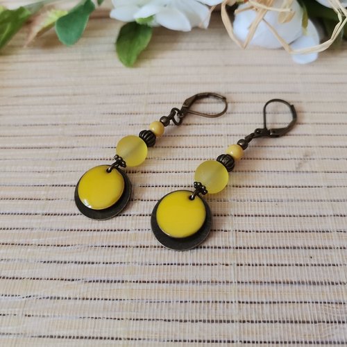 Kit boucles d'oreilles apprêts bronze et perles en verre jaune