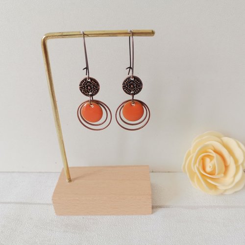 Kit boucles d'oreilles anneaux cuivre rouge et sequin émail rond