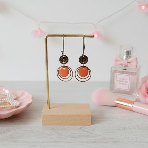 Kit boucles d'oreilles anneaux cuivre rouge et sequin émail rond