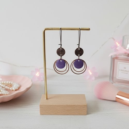 Kit boucles d'oreilles anneaux cuivre rouge et sequin émail rond