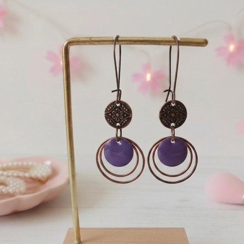 Kit boucles d'oreilles anneaux cuivre rouge et sequin émail rond