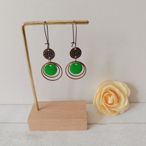 Kit boucles d'oreilles anneaux cuivre rouge et sequin émail rond