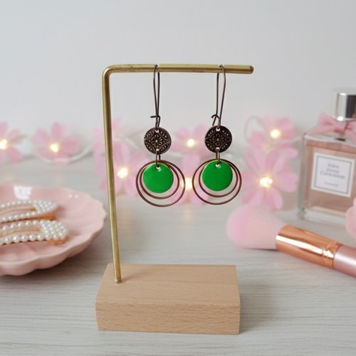 Kit boucles d'oreilles anneaux cuivre rouge et sequin émail rond