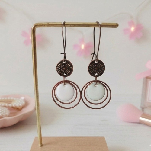 Kit boucles d'oreilles anneaux cuivre rouge et sequin émail rond