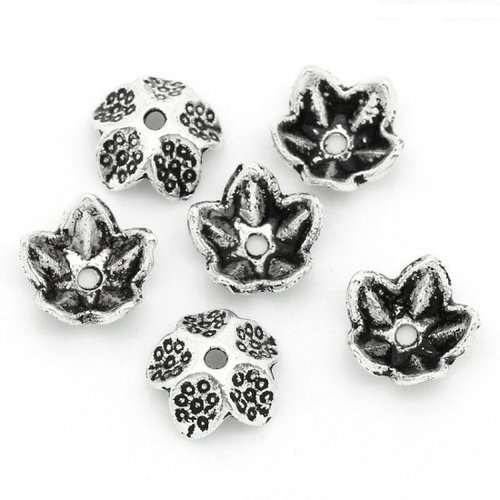 20 coupelles fleur 5 pétales à motif 9 mm argent mat