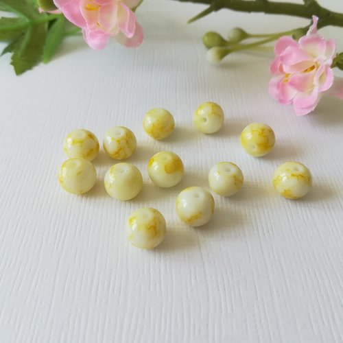 20 perles en verre 8 mm blanche et jaune