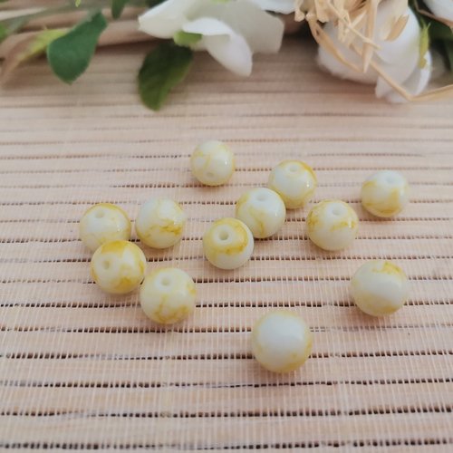 20 perles en verre 8 mm blanche et jaune