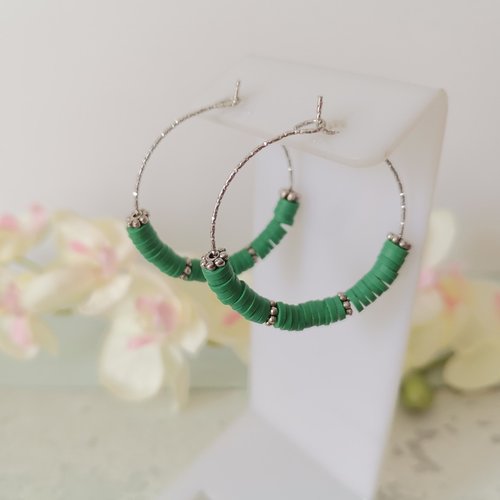 Kit de boucles d'oreilles créoles acier inoxydable ciselé et perles heishi