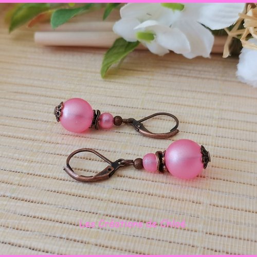 Kit boucles d'oreilles perles roses et apprêts cuivre rouge