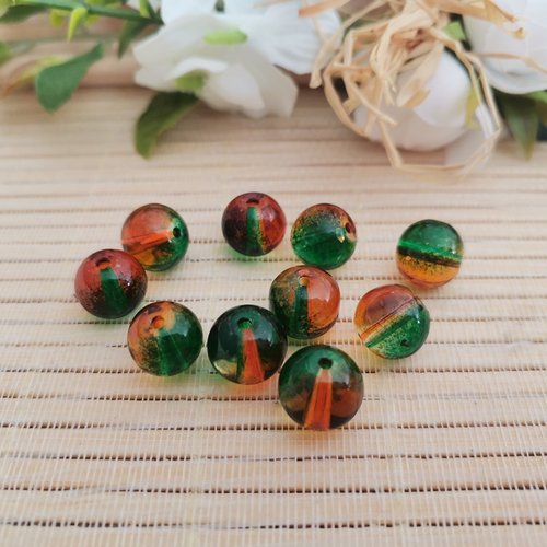 10 perles en verre 10 mm verte et orange