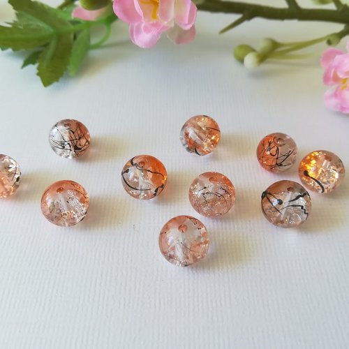 10 perles en verre 10 mm orange tréfilé noir