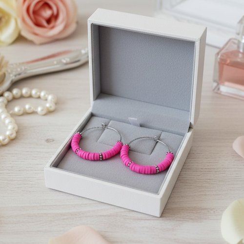Kit de boucles d'oreilles créoles acier inoxydable ciselé et perles heishi