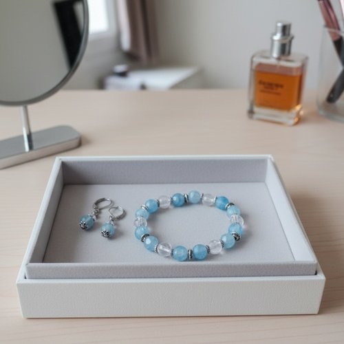 Kit parure bracelet et boucles d'oreilles bleu et cristal