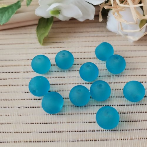 10 perles en verre givré 10 mm bleu