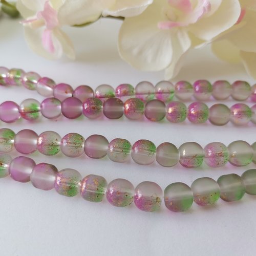 20 perles en verre dépoli feuille d'or 8 mm violet vert