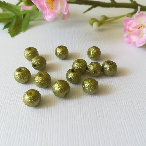 10 perles en verre 8 mm granuleuse vert kaki clair
