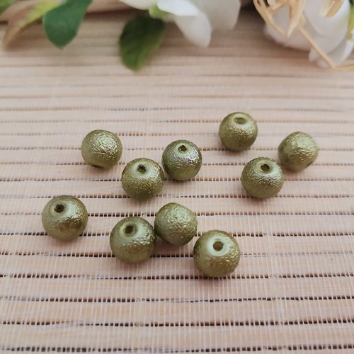 10 perles en verre 8 mm granuleuse vert kaki clair