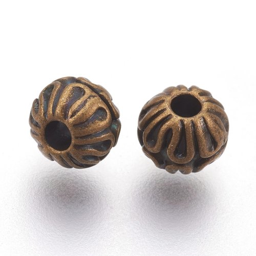 25 perles métal ronde striée 6 mm bronze