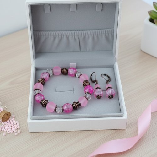 Kit parure bracelet et boucles d'oreilles rose et cuivre rouge
