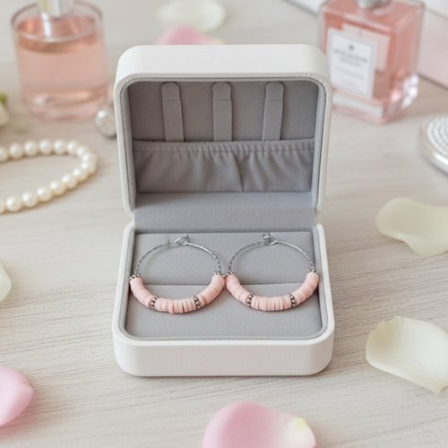 Kit de boucles d'oreilles créoles acier inoxydable ciselé et perles heishi