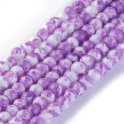 50 perles en verre 4 mm blanches taches mauves