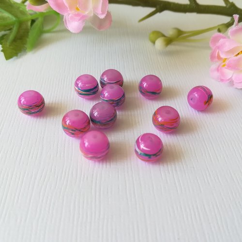 20 perles en verre 8 mm mauve trait multicolore